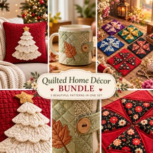 May include: A quilted home decor bundle featuring a red pillow with a white Christmas tree, a green mug cozy with a leaf applique and wooden button, and a set of square fabric coasters with floral and geometric patterns.