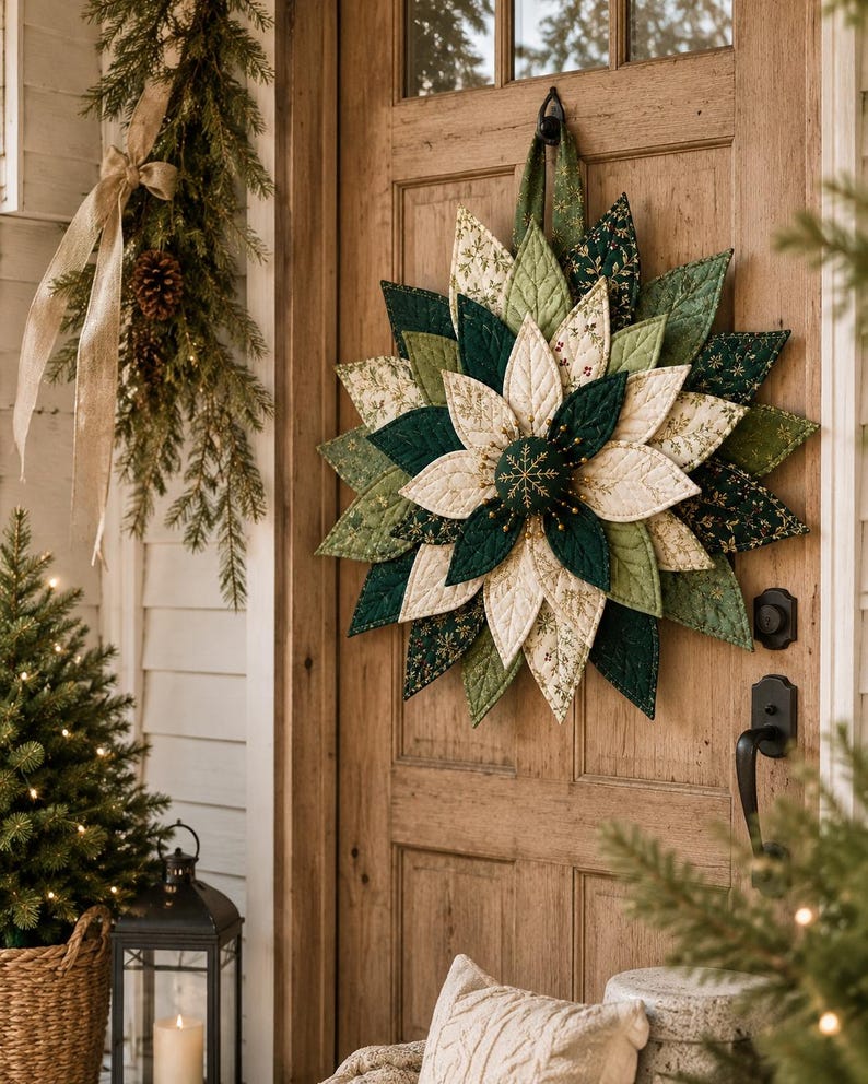 May include: A fabric wreath shaped like a large flower with layered, quilted petals in shades of cream, sage green, and dark forest green. The center features a dark green circular fabric piece with a gold embroidered snowflake design.