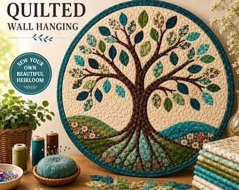 May include: A circular quilted wall hanging featuring a tree of life design with brown branches and green, teal, and floral leaves. The text reads "TREE OF LIFE QUILTED WALL HANGING" and "SEW YOUR OWN BEAUTIFUL HEIRLOOM". Includes sewing supplies.