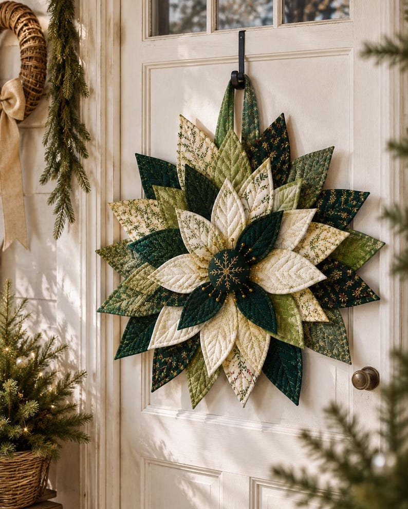 May include: A fabric star-shaped wall hanging featuring layered, quilted leaf-like petals in various shades of green, cream, and white. The center is a dark green circular piece with gold embroidered snowflake details and small gold bead accents.