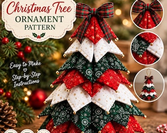 May include: A 3D folded fabric Christmas tree ornament pattern featuring red, white, and green quilted fabric segments with gold accents. The tree is topped with a plaid bow and decorated with small gold beads at the points of each fabric fold.