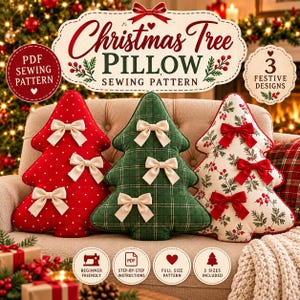 May include: A PDF sewing pattern for a Christmas tree pillow featuring three festive designs. The image displays three tree-shaped pillows: one red with white dots, one green plaid, and one cream with a red berry print, all adorned with bows.