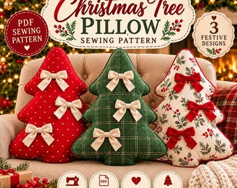 May include: A PDF sewing pattern for a Christmas tree pillow featuring three festive designs. The image displays three tree-shaped pillows: one red with white dots, one green plaid, and one cream with a red berry print, all adorned with bows.