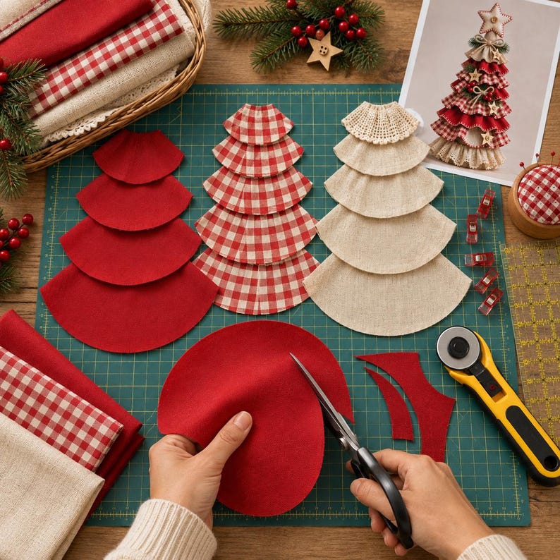 K&ouml;nnte beinhalten: Ein Bastelprojekt mit Stofflagen f&uuml;r einen Weihnachtsbaum, bestehend aus einfarbig roten, rot-wei&szlig; karierten und beigen Leinenkreisen. Ein Rollschneider, eine Schere, ein Foto des fertigen Baums und Stoffreste sind ebenfalls zu sehen.