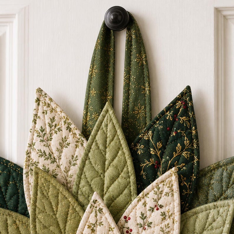 May include: A quilted fabric wall hanging shaped like a cluster of leaves in shades of forest green, olive, and cream. The leaves feature various botanical and snowflake patterns with gold accents and are suspended from a dark circular knob.