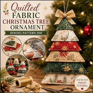 May include: A quilted fabric Christmas tree ornament sewing pattern PDF featuring a layered tree design with gold, red, and green festive prints. The image displays a finished ornament, fabric pieces, a sewing machine, and gold thread.