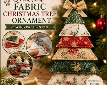 May include: A quilted fabric Christmas tree ornament sewing pattern PDF featuring a layered tree design with gold, red, and green festive prints. The image displays a finished ornament, fabric pieces, a sewing machine, and gold thread.