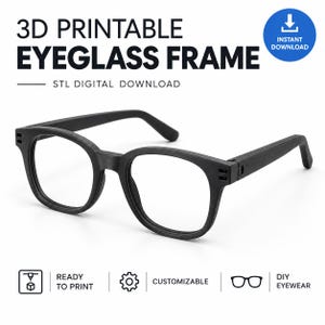 以下が含まれることがあります： テクスチャ仕上げの黒い3Dプリント可能なメガネフレーム。画像には、3D PRINTABLE EYEGLESS FRAME、STL DIGITAL DOWNLOAD、INSTANT DOWNLOAD、READY TO PRINT、CUSTOMIZABLE、DIY EYEWEARというテキストと対応するアイコンが含まれています。