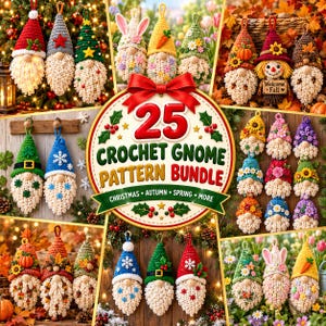 Peut inclure: Une collection de 25 modèles de gnomes au crochet présentant divers designs saisonniers, notamment des thèmes de Noël, d'automne et de printemps. Les gnomes ont des barbes texturées, des chapeaux pointus avec des éléments décoratifs comme des fleurs, des flocons de neige et des citrouilles, et des boucles de suspension.