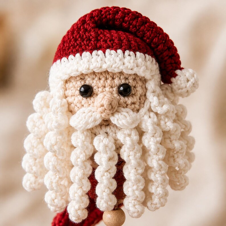 Puede incluir: Un adorno de Pap&aacute; Noel tejido a ganchillo con un gorro rojo oscuro con borde y pomp&oacute;n blancos, cara beige con ojos de cuentas negras y una barba y bigote blancos y rizados hechos de hilo. Una peque&ntilde;a cuenta de madera cuelga del centro inferior.
