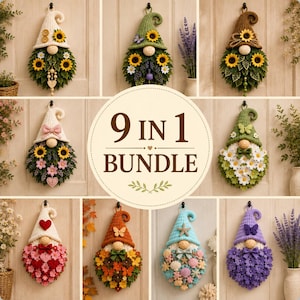 May include: A 9 in 1 bundle of decorative gnome wall hangings featuring crochet hats and various floral, leaf, and seasonal embellishments like sunflowers, daisies, hearts, butterflies, and seashells in diverse color palettes and textures.