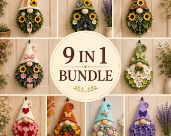 Pode incluir: Um conjunto 9 em 1 de decorações de parede em forma de gnomo com gorros de croché e vários ornamentos florais, de folhas e sazonais como girassóis, margaridas, corações, borboletas e conchas em diversas cores e texturas.