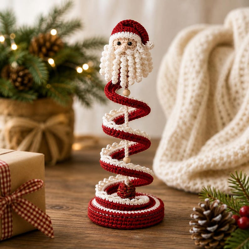 Puede incluir: Una figura de Pap&aacute; Noel tejida a ganchillo con un cuerpo en espiral de hilo rojo y blanco. La cabeza de Pap&aacute; Noel tiene un gorro rojo y una barba blanca rizada, descansando sobre un soporte vertical central unido a una base circular roja y blanca.