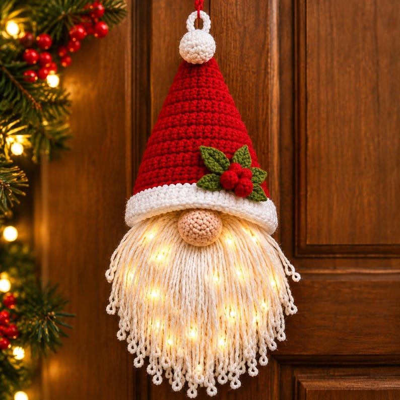 Pode incluir: Um ornamento de gnomo em croch&ecirc; com um gorro vermelho alto de aba branca, um pequeno pompom branco no topo e um detalhe de folhas de azevinho verdes com bagas vermelhas. O gnomo tem um nariz redondo bege e uma longa barba de fio branco iluminada.