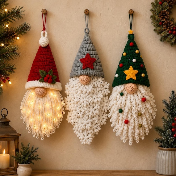 Crochet Gnome Pattern PDF Christmas Door Hanger Amigurumi Santa Gnome Ornament Set