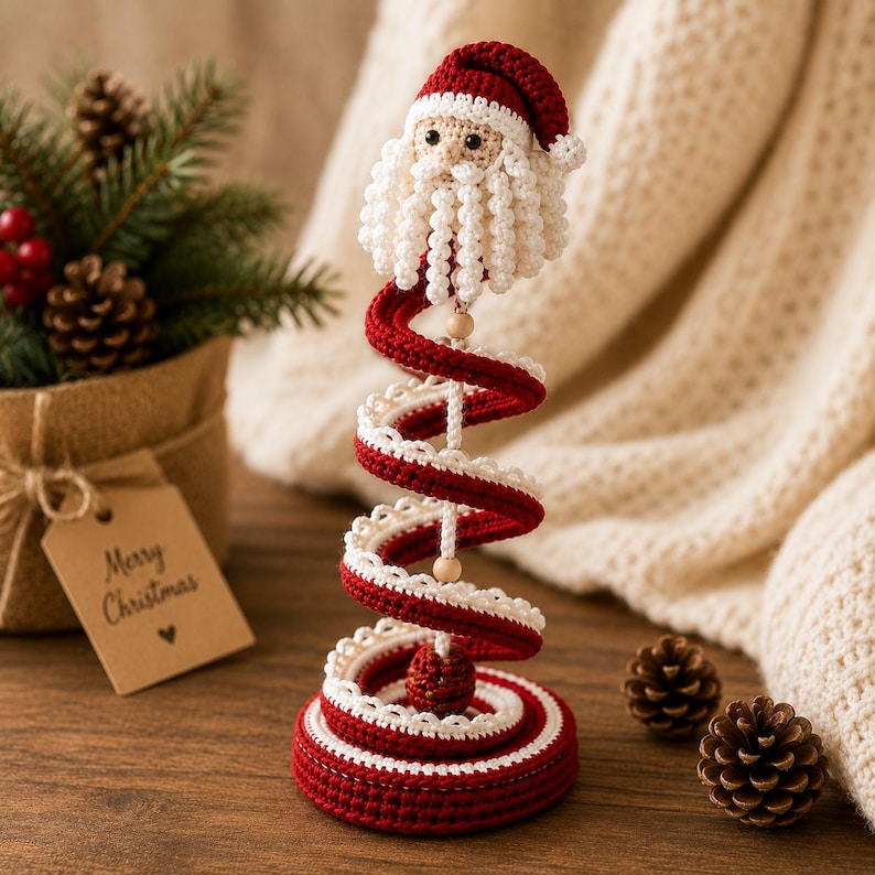 Puede incluir: Una figura de Pap&aacute; Noel tejida a ganchillo sobre una estructura en espiral roja y blanca. El Pap&aacute; Noel tiene un gorro rojo, barba blanca y ojos negros. La base en espiral est&aacute; hecha de hilo rojo y blanco con peque&ntilde;as cuentas de madera.
