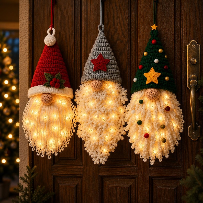 Pode incluir: Tr&ecirc;s decora&ccedil;&otilde;es suspensas de gnomos feitas de fio de croch&ecirc;. O gnomo da esquerda tem um gorro vermelho com azevinho, o central um cinza com uma estrela vermelha e o da direita um verde com uma estrela amarela. Cada barba branca integra luzes LED.