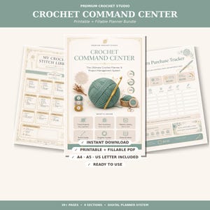 Pode incluir: Um conjunto de planejador de crochê digital intitulado Crochet Command Center, com uma página central exibindo um novelo de lã verde e uma agulha de crochê dourada, ladeada por uma biblioteca de pontos e um rastreador de compras de fios. Inclui A4, A5, US Letter.