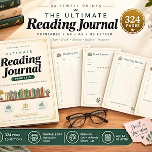 Op de afbeelding: Een printbaar leesdagboek getiteld The Ultimate Reading Journal met 324 pagina's in A4, A5 en US Letter-formaten. De set bevat een voorpagina, leeslijst, boekrecensies, een leestracker en een verlanglijstje voor boeken met boekenplankafbeelding.