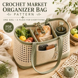 May include: A rectangular crochet market organizer bag featuring a cream-colored grid pattern with sage green trim and handles. The bag has an internal divider, a front pocket containing a smartphone and wallet, and a side bottle holder.