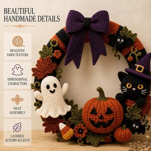 Halloween Crochet Wreath close-up showing detailed crochet textures, dimensional ghost, jack-o-lantern, black cat, witch hat, autumn foliage and purple bow. Whimsical handmade decoration for spooky seasonal displays.