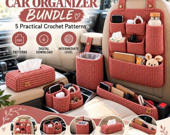 May include: A crochet car organizer bundle featuring five patterns: a seat-back organizer, cup holder caddy, trash bin, tissue box cover, and seat gap pocket. All items are made in a terracotta-colored yarn with a consistent grid-like texture.