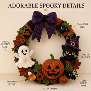 Close-up of the finished Halloween Crochet Wreath highlighting the crochet ghost, pumpkin face, black cat, pointed witch hat, textured leaves, small pumpkins and oversized purple bow arranged around the decorative wreath.