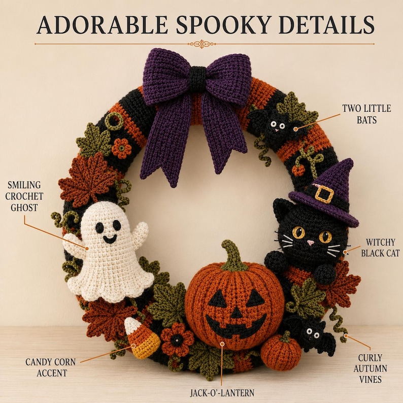 Close-up of the finished Halloween Crochet Wreath highlighting the crochet ghost, pumpkin face, black cat, pointed witch hat, textured leaves, small pumpkins and oversized purple bow arranged around the decorative wreath.