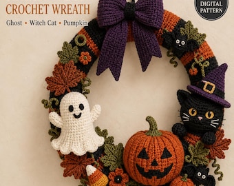May include: A Halloween crochet wreath featuring a large purple bow, a white ghost, a black cat wearing a purple witch hat, a jack-o'-lantern, small pumpkins, bats, and autumn leaves. Text reads: HALLOWEEN CROCHET WREATH, Ghost, Witch Cat, Pumpkin, PDF DIGITAL PATTERN, DOOR & WALL DECOR.