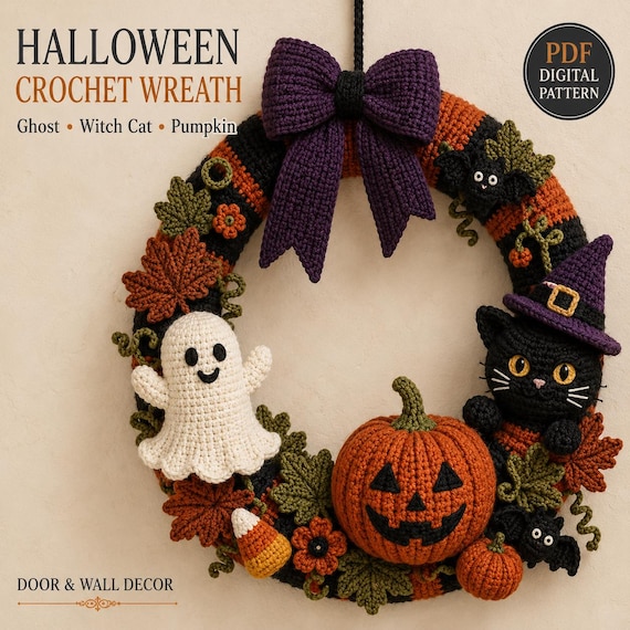 Halloween Crochet Wreath Pattern PDF | Ghost, Pumpkin, Cat, Witch Hat (Digital Download)
