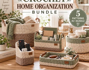 May include: A collection of five crochet home organization baskets and trays in cream, brown, and sage green. The set includes a large round basket, a rectangular desk organizer, a small bin, a shallow tray, and a medium round basket.