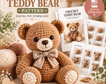 May include: A light brown crocheted teddy bear with a cream-colored muzzle, dark eyes, and a brown nose. The bear wears a brown and white checkered bow tie. Beside it are printed instruction sheets titled CROCHET TEDDY BEAR PATTERN.