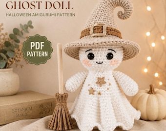 May include: A crochet ghost doll wearing a beige witch hat with a brown band and buckle. The white doll features embroidered stars on its chest, black eyes, and pink cheeks. Beside it stands a small brown broom. Text reads CROCHET WITCH GHOST DOLL.
