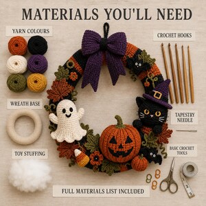 Halloween Crochet Wreath materials guide showing orange, black, purple, cream and green yarn with crochet hook, stuffing and craft supplies beside the finished ghost, pumpkin, cat and witch-themed wreath.