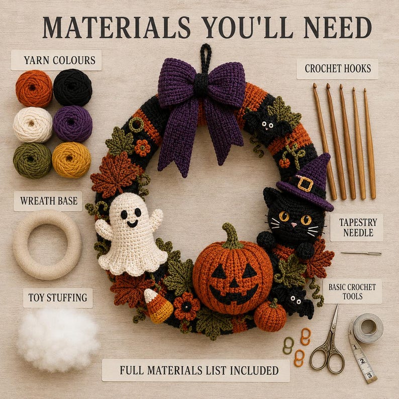 Halloween Crochet Wreath materials guide showing orange, black, purple, cream and green yarn with crochet hook, stuffing and craft supplies beside the finished ghost, pumpkin, cat and witch-themed wreath.