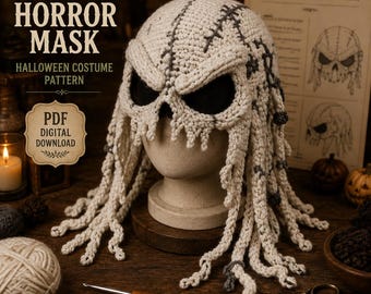 May include: A cream-colored crochet horror mask featuring dark grey stitched details, deep eye sockets, and long dangling tendrils. The mask is displayed on a mannequin head, accompanied by text reading CROCHET HORROR MASK HALLOWEEN COSTUME PATTERN PDF DIGITAL DOWNLOAD.