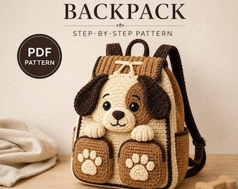 May include: A crochet puppy backpack with a beige and brown color scheme, featuring a puppy face on the flap, two front pockets with paw print details, and adjustable straps. The text reads CROCHET PUPPY BACKPACK, STEP-BY-STEP PATTERN, PDF PATTERN, FUNCTIONAL KIDS RUCKSACK.