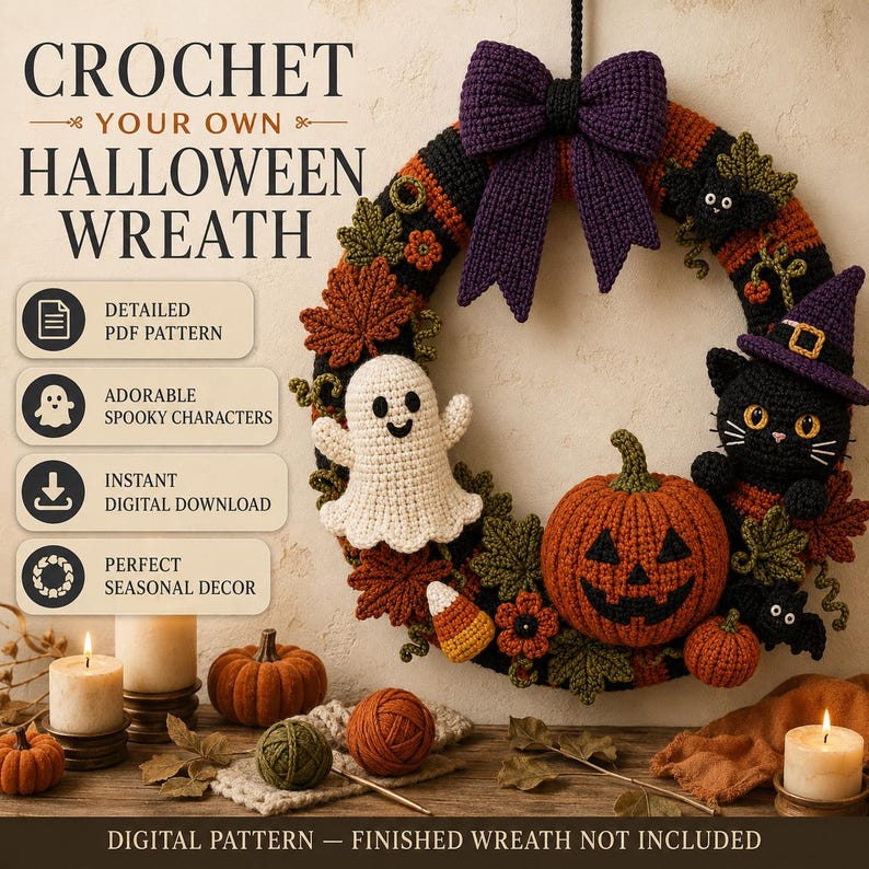 Halloween Crochet Wreath Pattern PDF featuring the completed handmade wreath with ghost, pumpkin, black cat, witch hat, autumn foliage and purple bow. Digital crochet project for creating festive Halloween home decor.