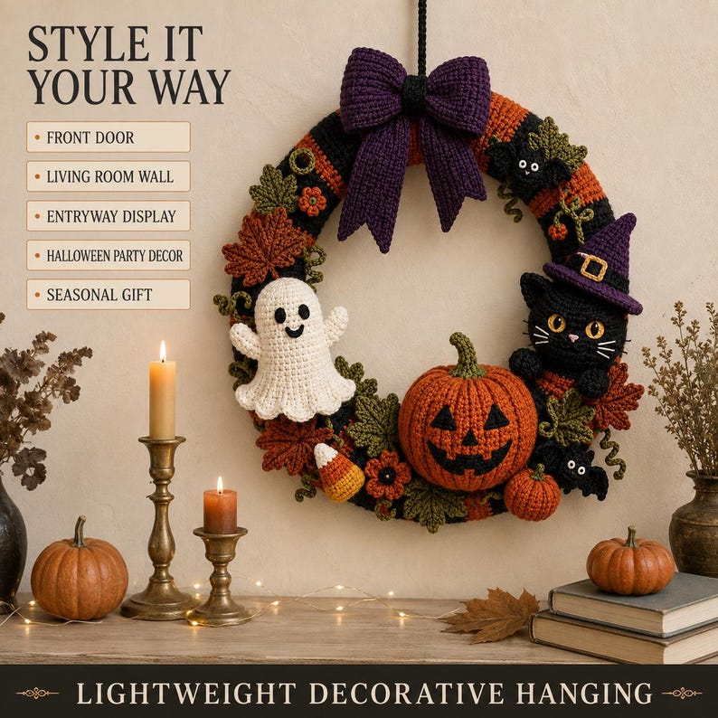 Finished Halloween Crochet Wreath displayed as seasonal home decor with candles and autumn styling. Crochet ghost, pumpkin, cat and witch details create a lightweight decorative hanging for doors, walls and Halloween displays.