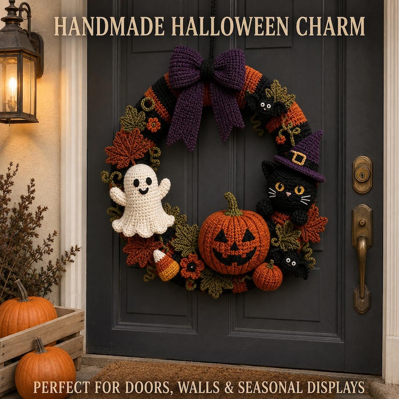 Finished Crochet Halloween Wreath hanging on a dark door with ghost, jack-o-lantern, black cat, witch hat, fall leaves and purple bow. Cozy spooky handmade decor for doors, walls and seasonal Halloween displays