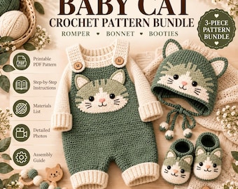 May include: A crochet baby outfit set featuring a green and cream romper with a cat face, a matching cat-ear bonnet, and booties. The set includes text for a printable PDF pattern, step-by-step instructions, materials list, and assembly guide.