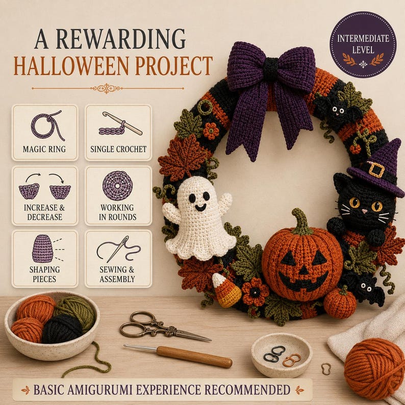 Halloween Crochet Wreath Pattern presented as a creative seasonal crochet project featuring multiple amigurumi-style decorations, textured leaves and a large bow arranged into one finished spooky wreath.