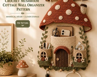 May include: A crochet mushroom cottage wall organizer pattern featuring a large red cap with white spots, a beige house body with two side pockets, a central door, and three bottom hooks for hanging items. The text reads Crochet Mushroom Cottage Wall Organizer Pattern.