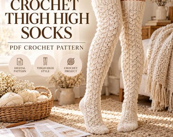 May include: Cream-colored thigh-high crochet socks with a textured, repeating diamond pattern. The image includes the text CROCHET THIGH HIGH SOCKS, PDF CROCHET PATTERN, DIGITAL PATTERN, THIGH HIGH STYLE, CROCHET PROJECT, and CROCHET CREATE WEAR.