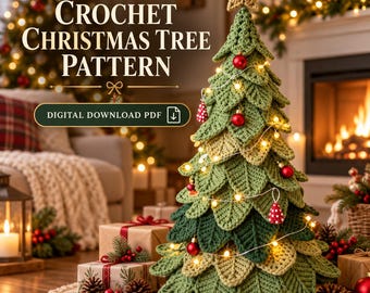 May include: A crochet Christmas tree pattern digital download PDF featuring a layered green yarn tree topped with a star, decorated with small red ornaments and string lights, with text reading CROCHET CHRISTMAS TREE PATTERN DIGITAL DOWNLOAD PDF.