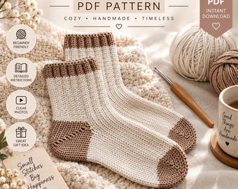 May include: A pair of crochet socks featuring a cream-colored body with brown heels, toes, and ribbed cuffs. The image includes text reading CROCHET SOCKS PDF PATTERN, BEGINNER FRIENDLY, DETAILED INSTRUCTIONS, CLEAR PHOTOS, GREAT GIFT IDEA, and Small Stitches Big Happiness.