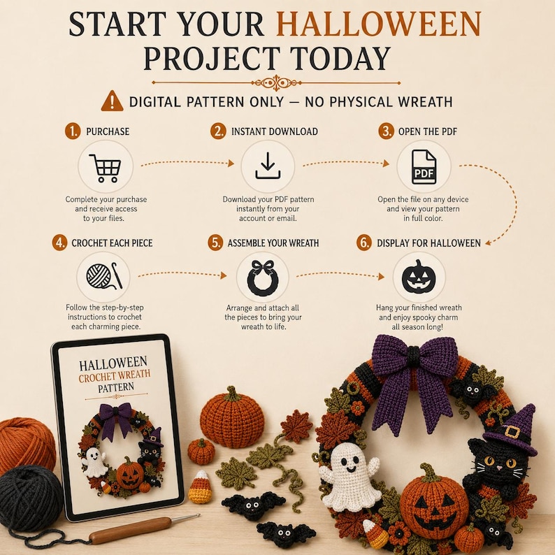Halloween Crochet Wreath digital pattern displayed with yarn, pumpkin decor and pattern preview. Digital PDF provides guidance for crocheting individual Halloween elements and assembling the finished decorative wreath.
