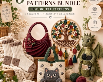 May include: A 5 crochet patterns bundle featuring a maroon handbag, a tree of life wall hanging, beige and brown socks, a cat tote bag, and a green dragon organizer. The text reads 5 CROCHET PATTERNS BUNDLE, PDF DIGITAL PATTERNS, 5 PROJECTS, 1 COMPLETE COLLECTION.