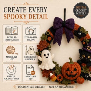 Halloween Crochet Wreath Pattern highlighting individual crochet elements including ghost, jack-o-lantern, black cat, witch hat, autumn leaves and decorative details used to assemble the complete handmade Halloween wreath.