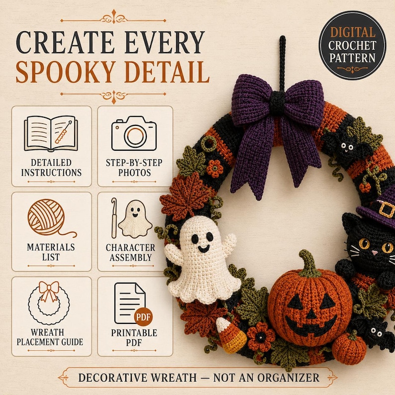 Halloween Crochet Wreath Pattern highlighting individual crochet elements including ghost, jack-o-lantern, black cat, witch hat, autumn leaves and decorative details used to assemble the complete handmade Halloween wreath.